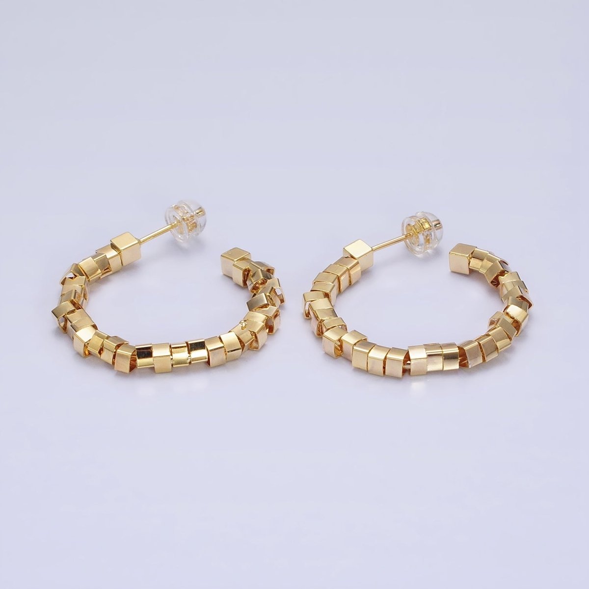 16K Gold plated 25mm Cube Bead C-Shaped Hoop Earrings in Gold & Silver | AE027 AE028