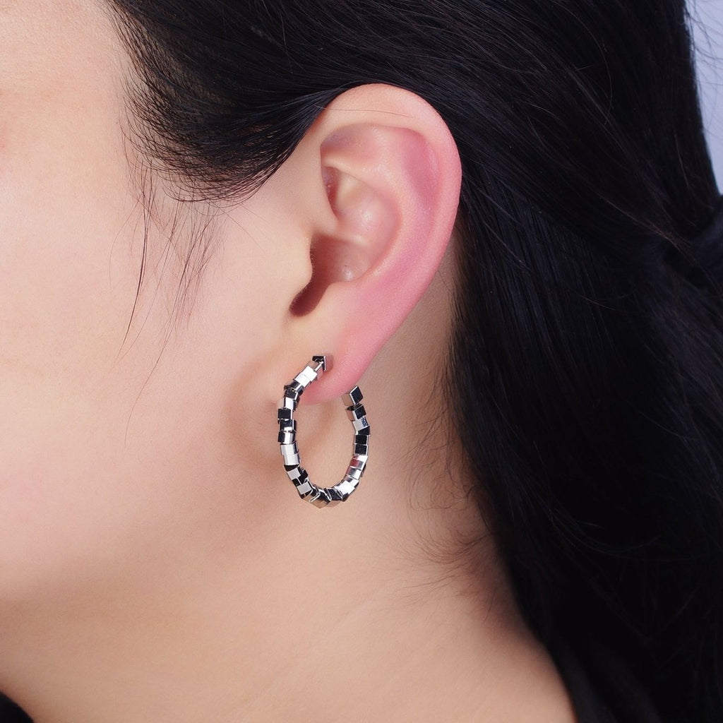 16K Gold plated 25mm Cube Bead C-Shaped Hoop Earrings in Gold & Silver | AE027 AE028