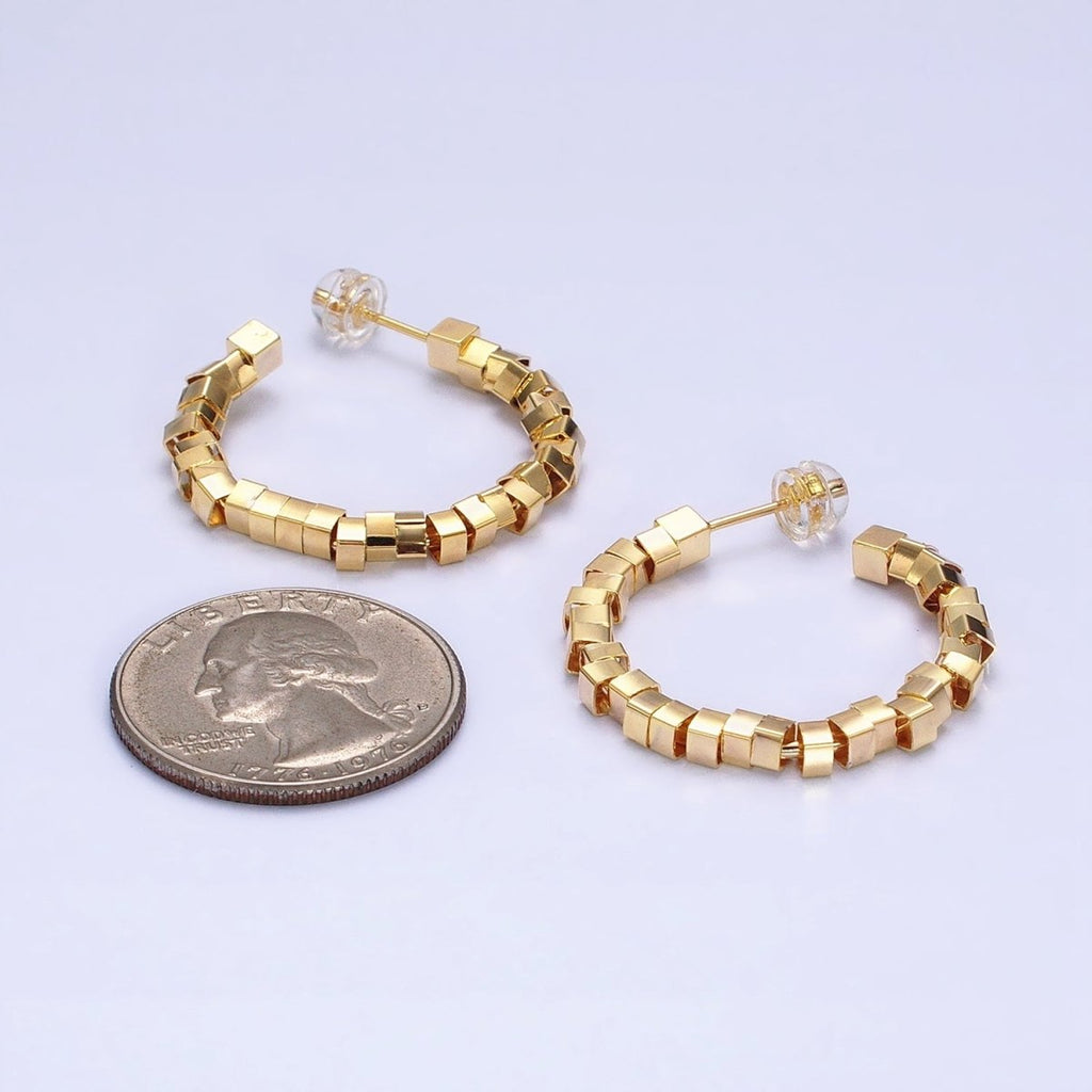 16K Gold plated 25mm Cube Bead C-Shaped Hoop Earrings in Gold & Silver | AE027 AE028