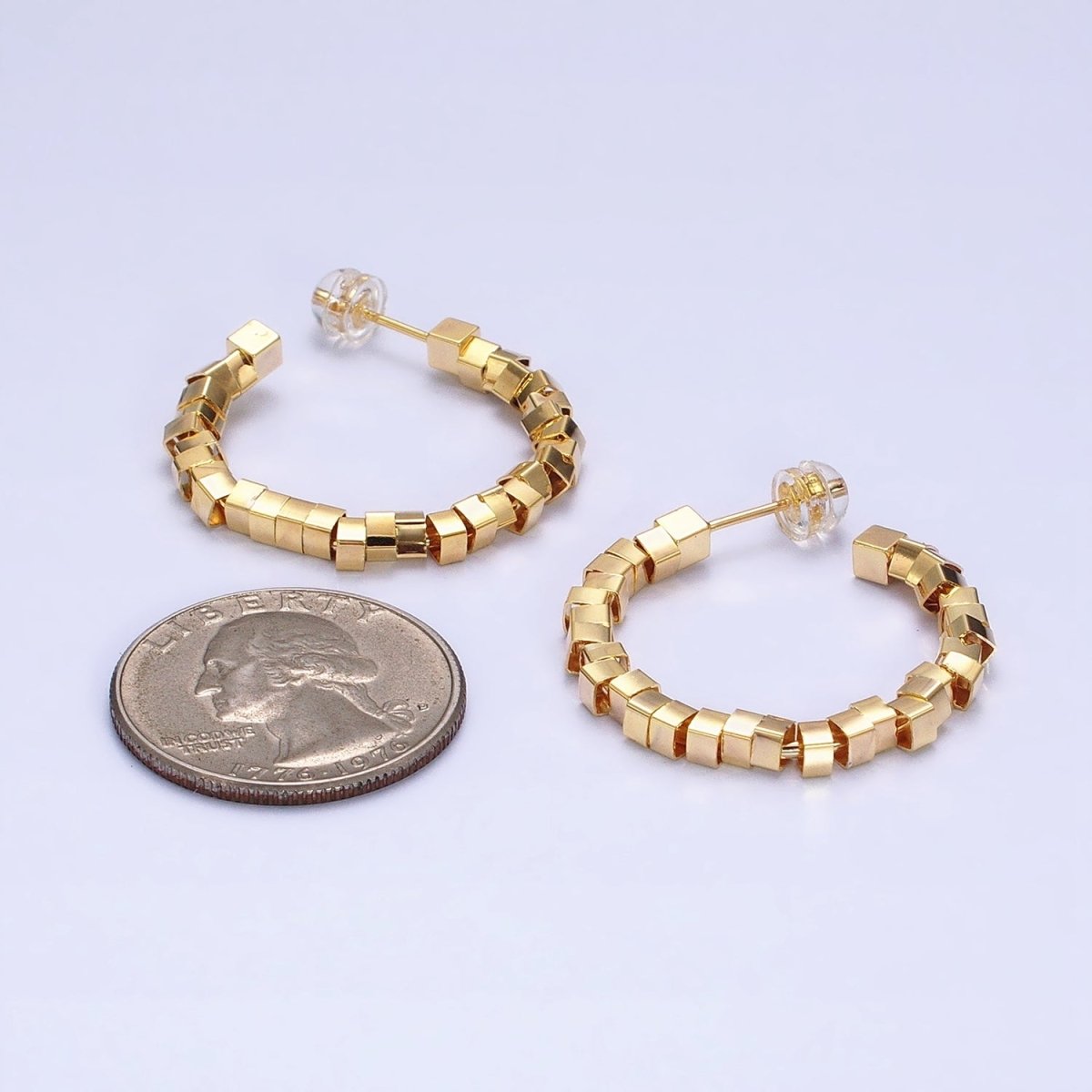 16K Gold plated 25mm Cube Bead C-Shaped Hoop Earrings in Gold & Silver | AE027 AE028