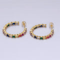 16K Gold plated 25mm CZ Multicolor Baguette Lined Front-Facing C-Shaped Hoop Earrings | AD1160 - DLUXCA
