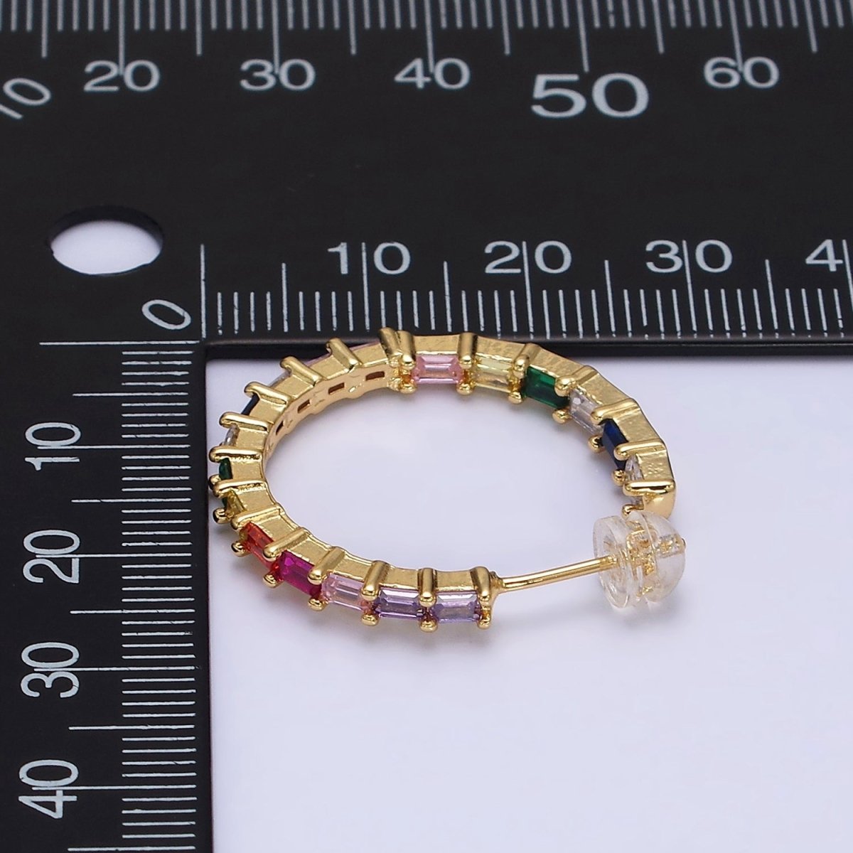 16K Gold plated 25mm CZ Multicolor Baguette Lined Front-Facing C-Shaped Hoop Earrings | AD1160 - DLUXCA