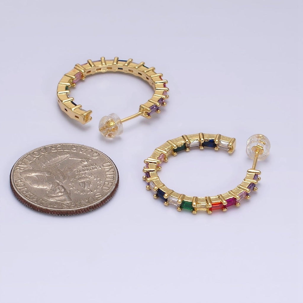 16K Gold plated 25mm CZ Multicolor Baguette Lined Front-Facing C-Shaped Hoop Earrings | AD1160 - DLUXCA