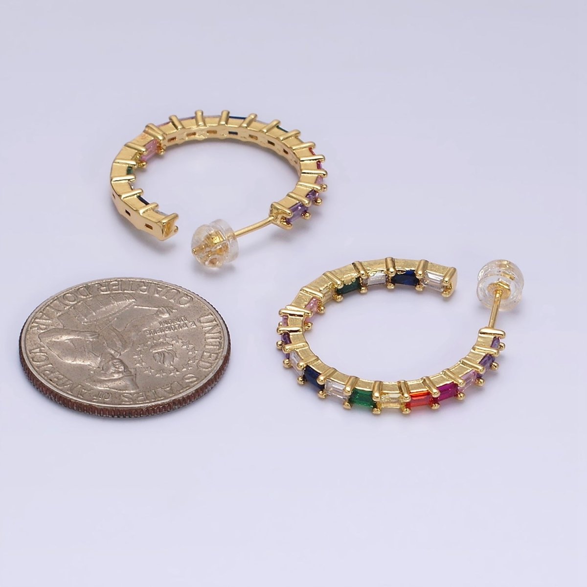 16K Gold plated 25mm CZ Multicolor Baguette Lined Front-Facing C-Shaped Hoop Earrings | AD1160 - DLUXCA