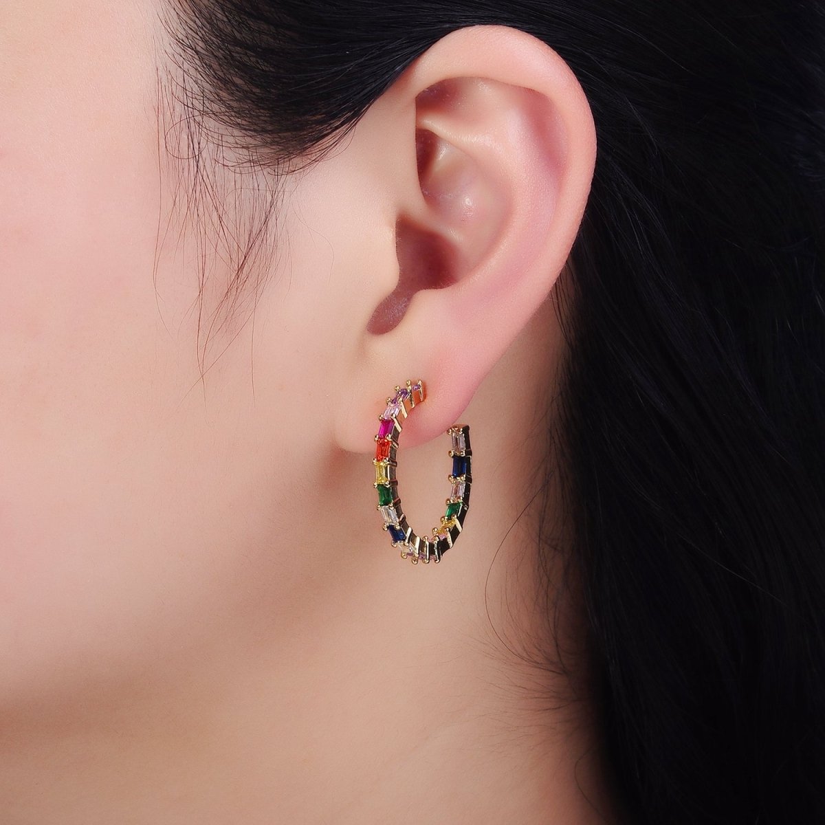 16K Gold plated 25mm CZ Multicolor Baguette Lined Front-Facing C-Shaped Hoop Earrings | AD1160 - DLUXCA