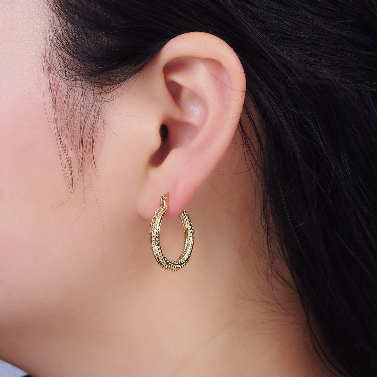 16K Gold plated 25mm Dotted Braided Twist French Lock Latch Hoop Earrings | AE-601 - DLUXCA