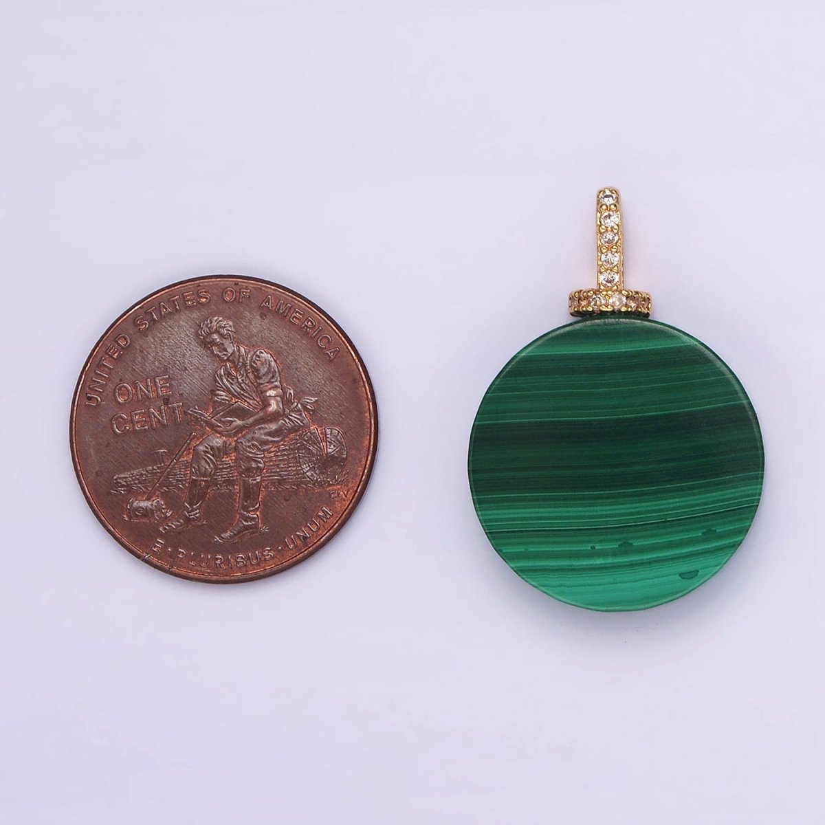 16K Gold plated 25mm Green Malachite Round Clear CZ Micro Paved Bail Pendant | N1842 - DLUXCA