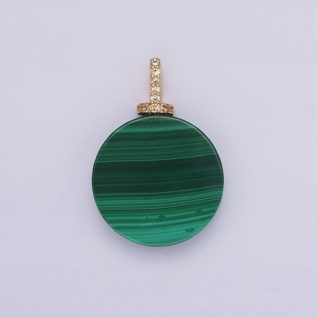 16K Gold plated 25mm Green Malachite Round Clear CZ Micro Paved Bail Pendant | N1842 - DLUXCA