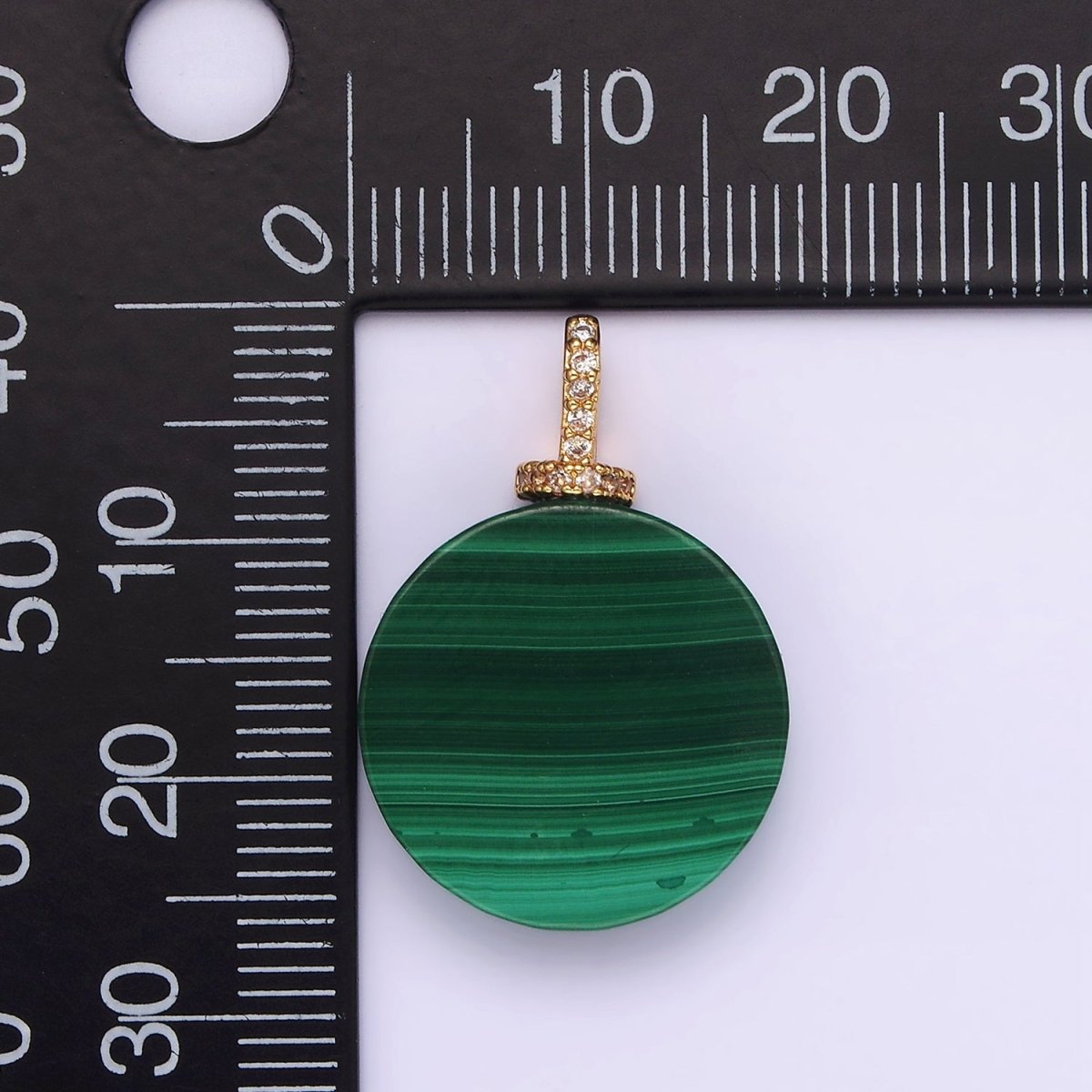 16K Gold plated 25mm Green Malachite Round Clear CZ Micro Paved Bail Pendant | N1842 - DLUXCA