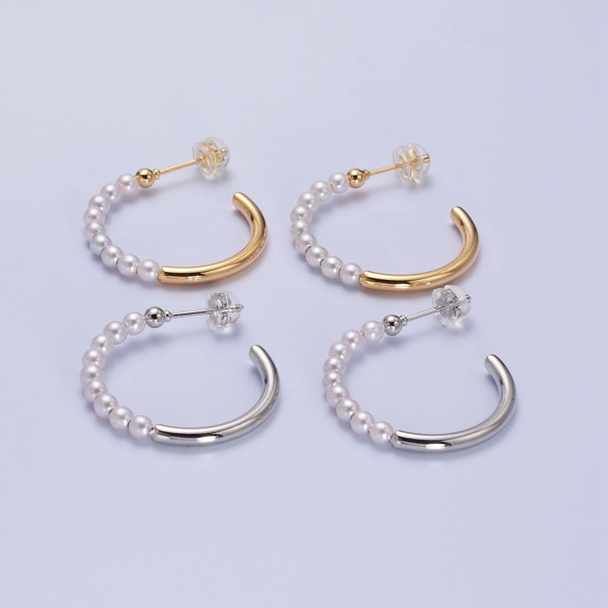 16K Gold plated 25mm Half Pearl Hoop Earrings in Gold & Silver | AB366 AB367 - DLUXCA