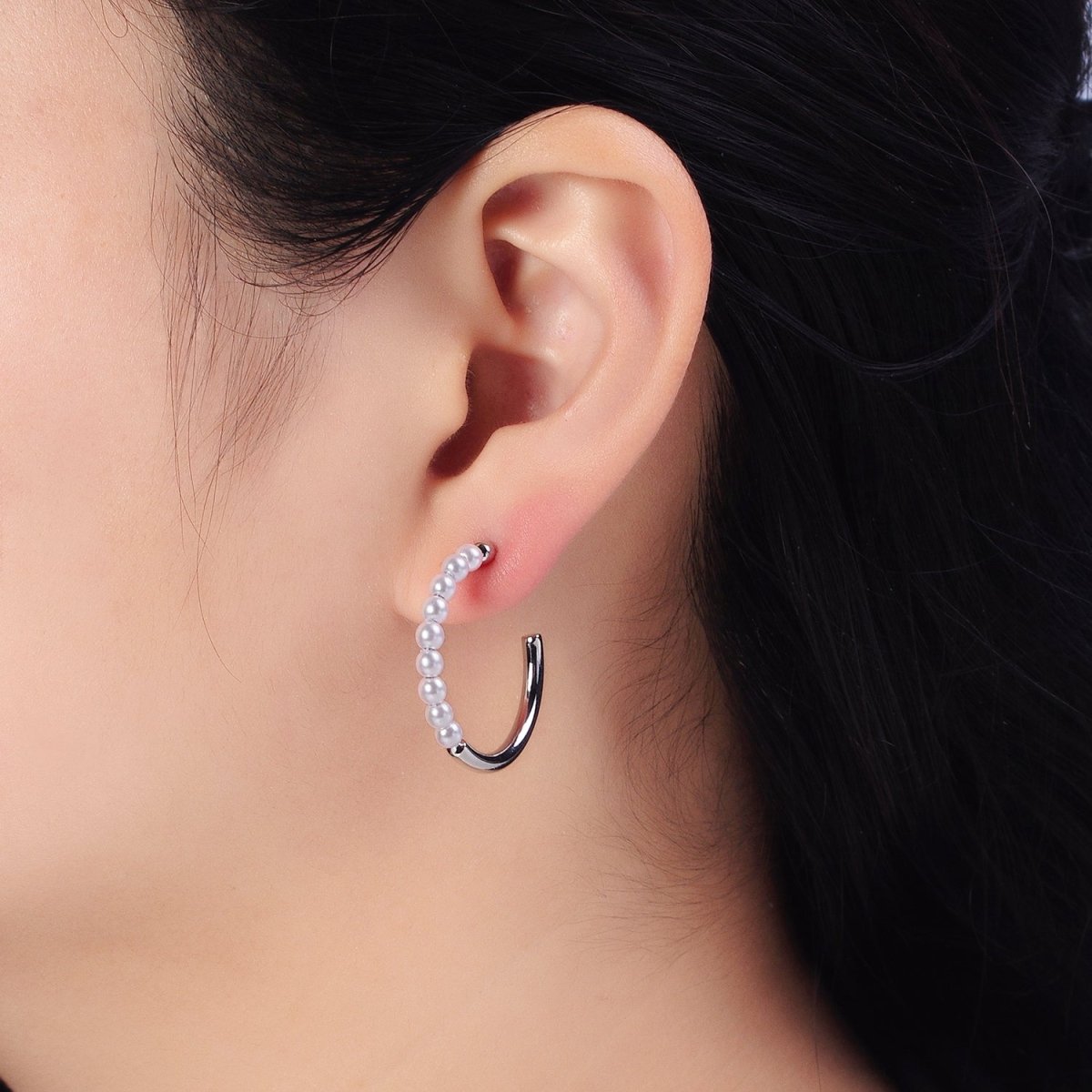 16K Gold plated 25mm Half Pearl Hoop Earrings in Gold & Silver | AB366 AB367 - DLUXCA