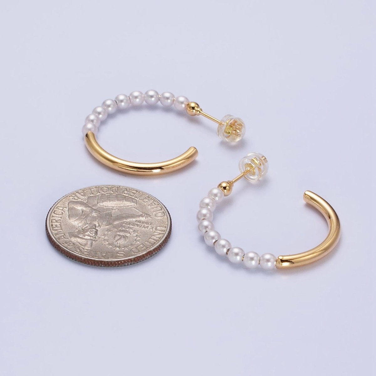 16K Gold plated 25mm Half Pearl Hoop Earrings in Gold & Silver | AB366 AB367 - DLUXCA