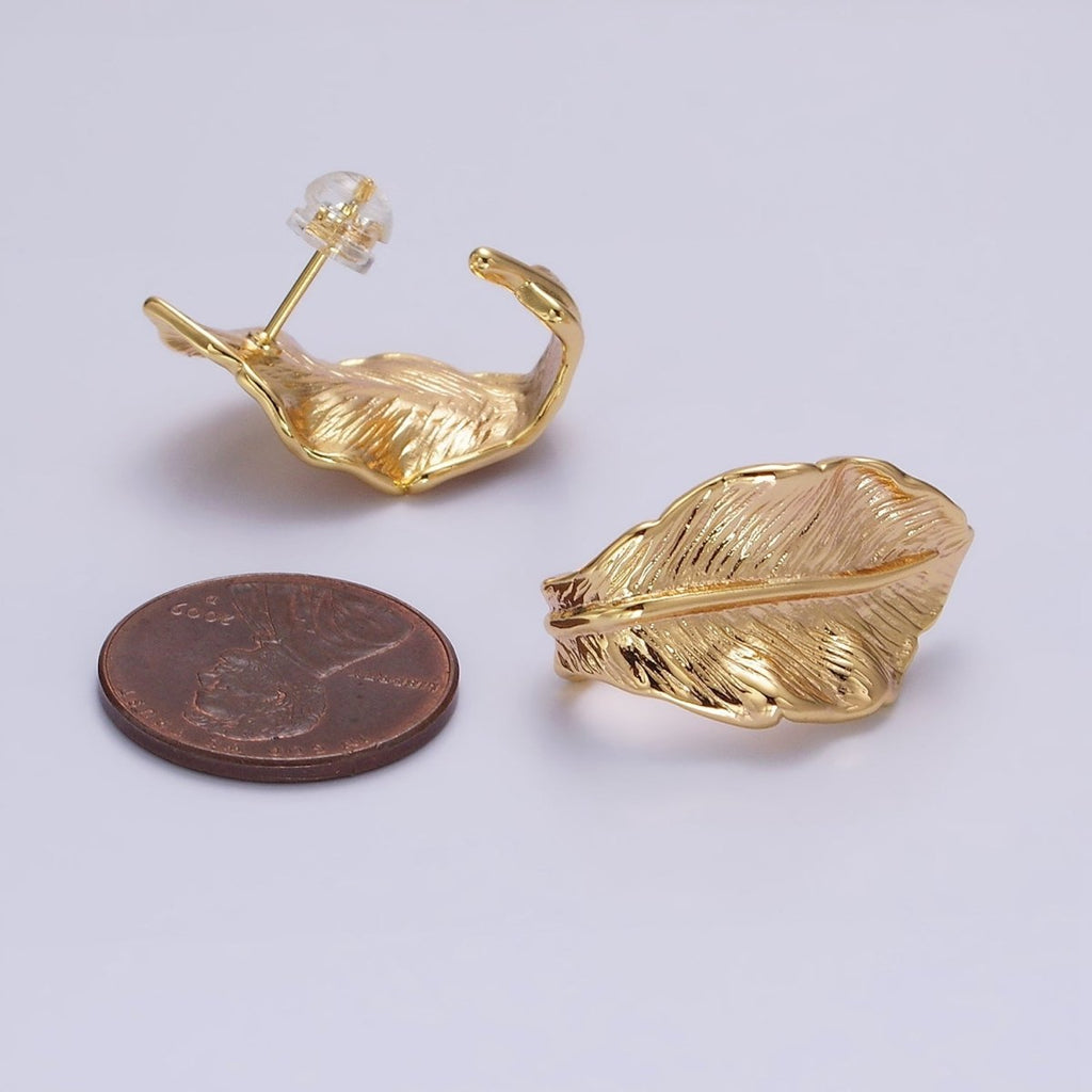 16K Gold plated 25mm Nature Leaf Textured J-Shaped Hoop Earrings | AE889 - DLUXCA