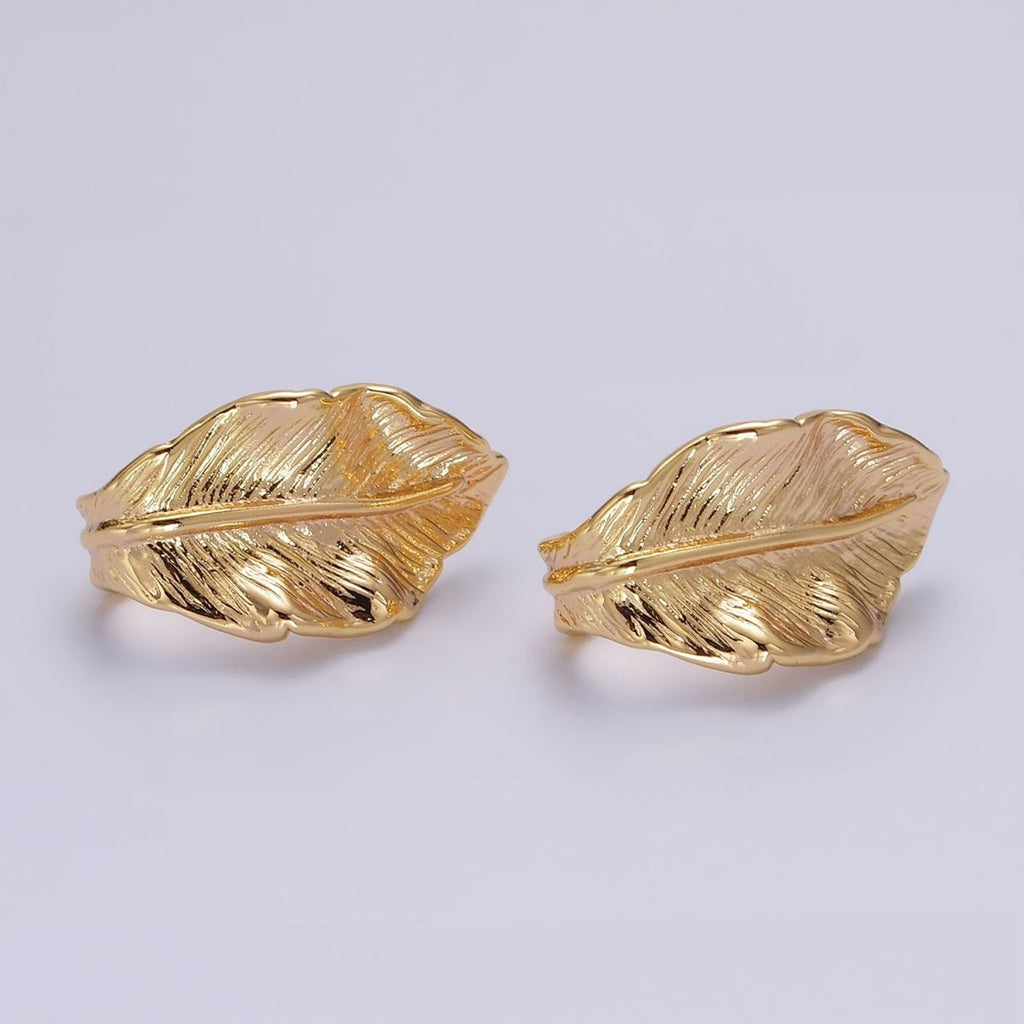 16K Gold plated 25mm Nature Leaf Textured J-Shaped Hoop Earrings | AE889 - DLUXCA