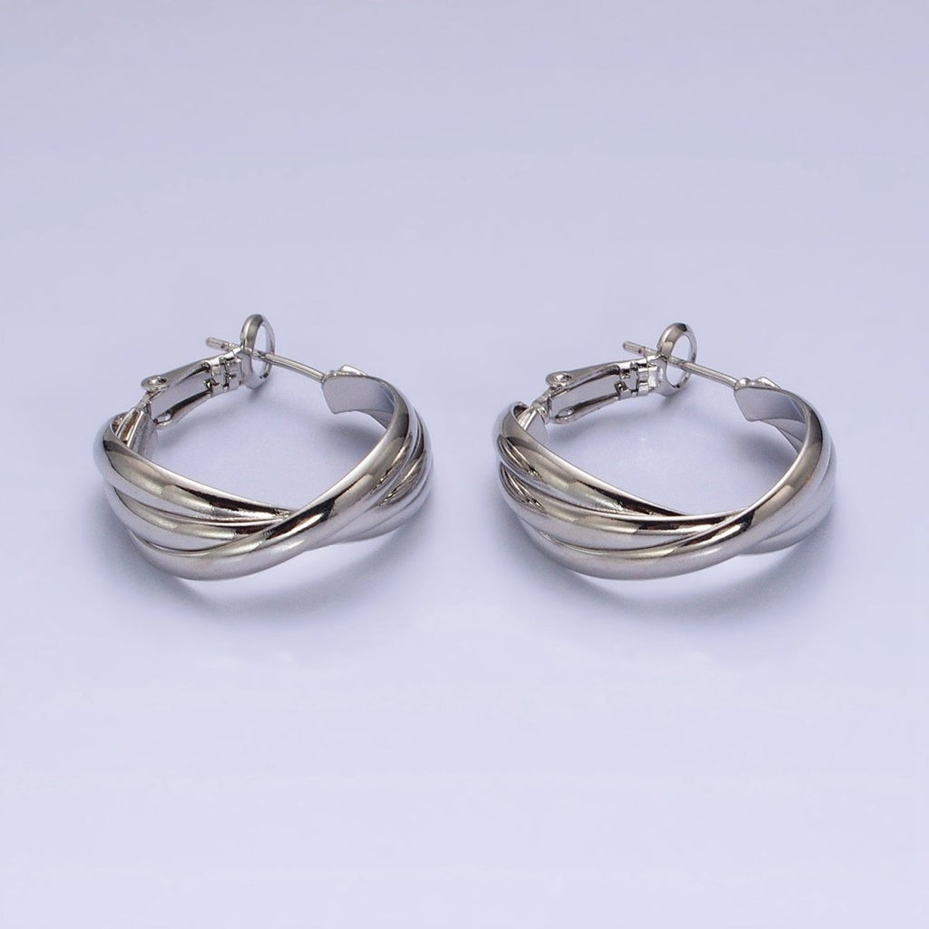 16K Gold plated 25mm Triple Flat Bar Band X Hinge Hoop Earrings in Gold & Silver | AD1291 AD1292 - DLUXCA