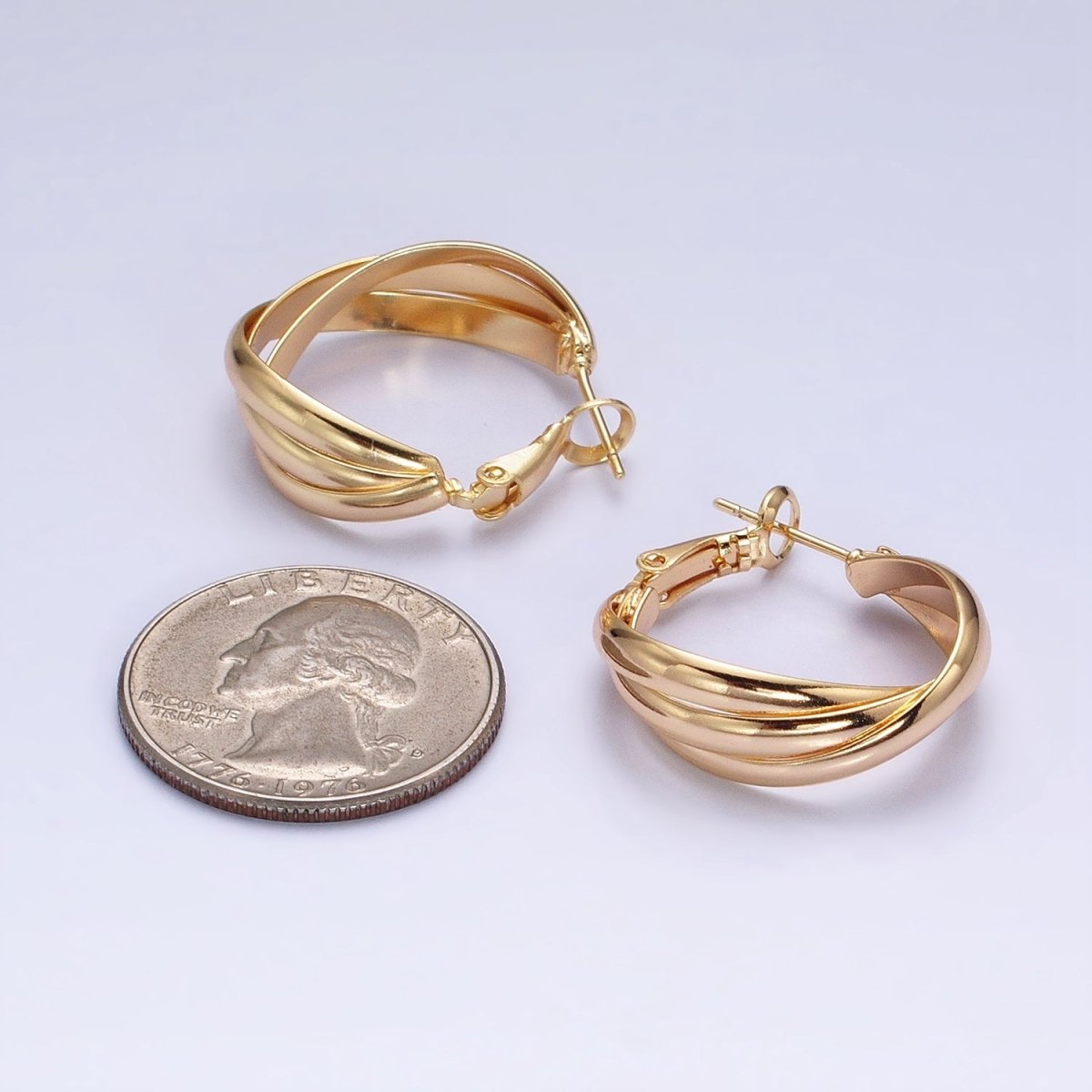 16K Gold plated 25mm Triple Flat Bar Band X Hinge Hoop Earrings in Gold & Silver | AD1291 AD1292 - DLUXCA