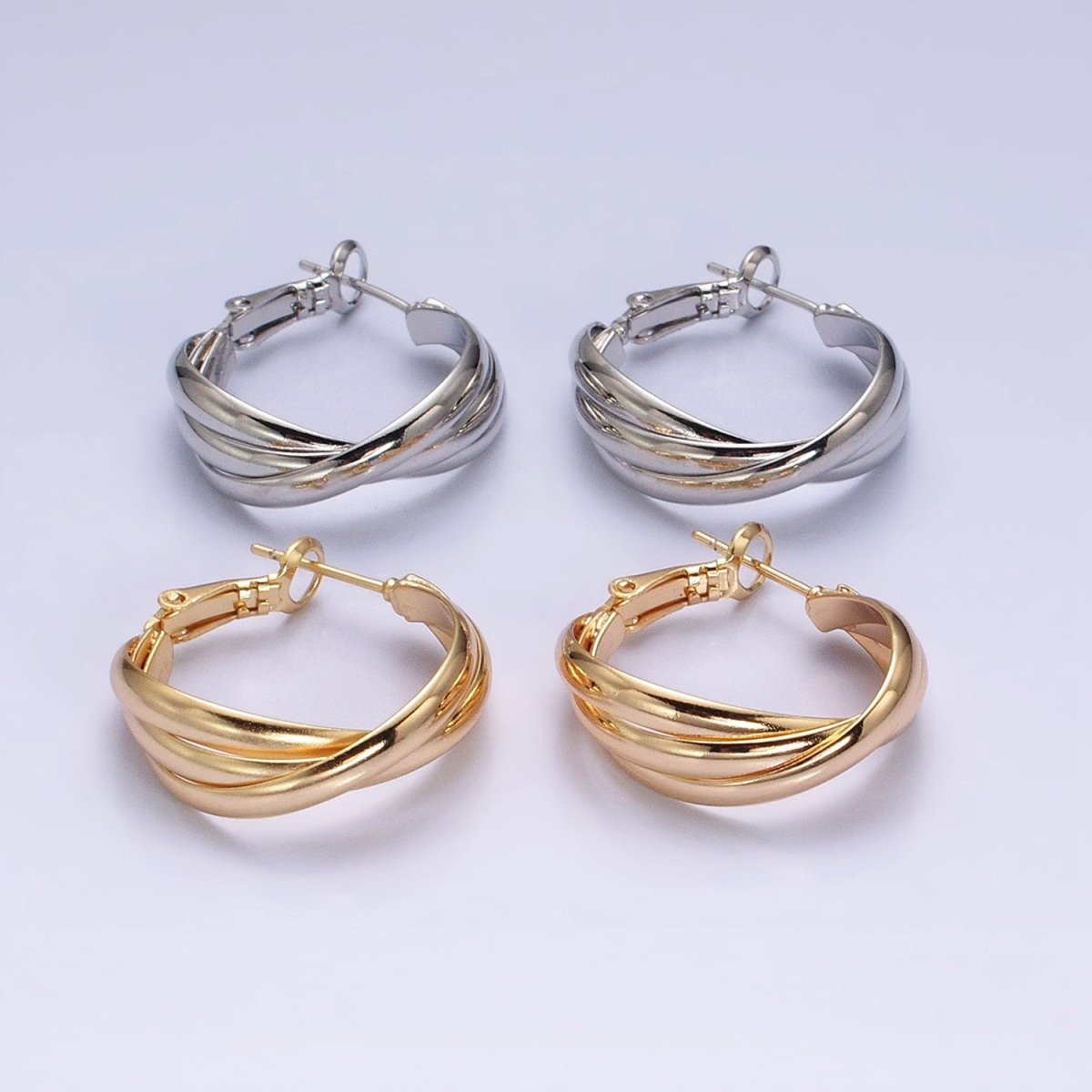 16K Gold plated 25mm Triple Flat Bar Band X Hinge Hoop Earrings in Gold & Silver | AD1291 AD1292 - DLUXCA