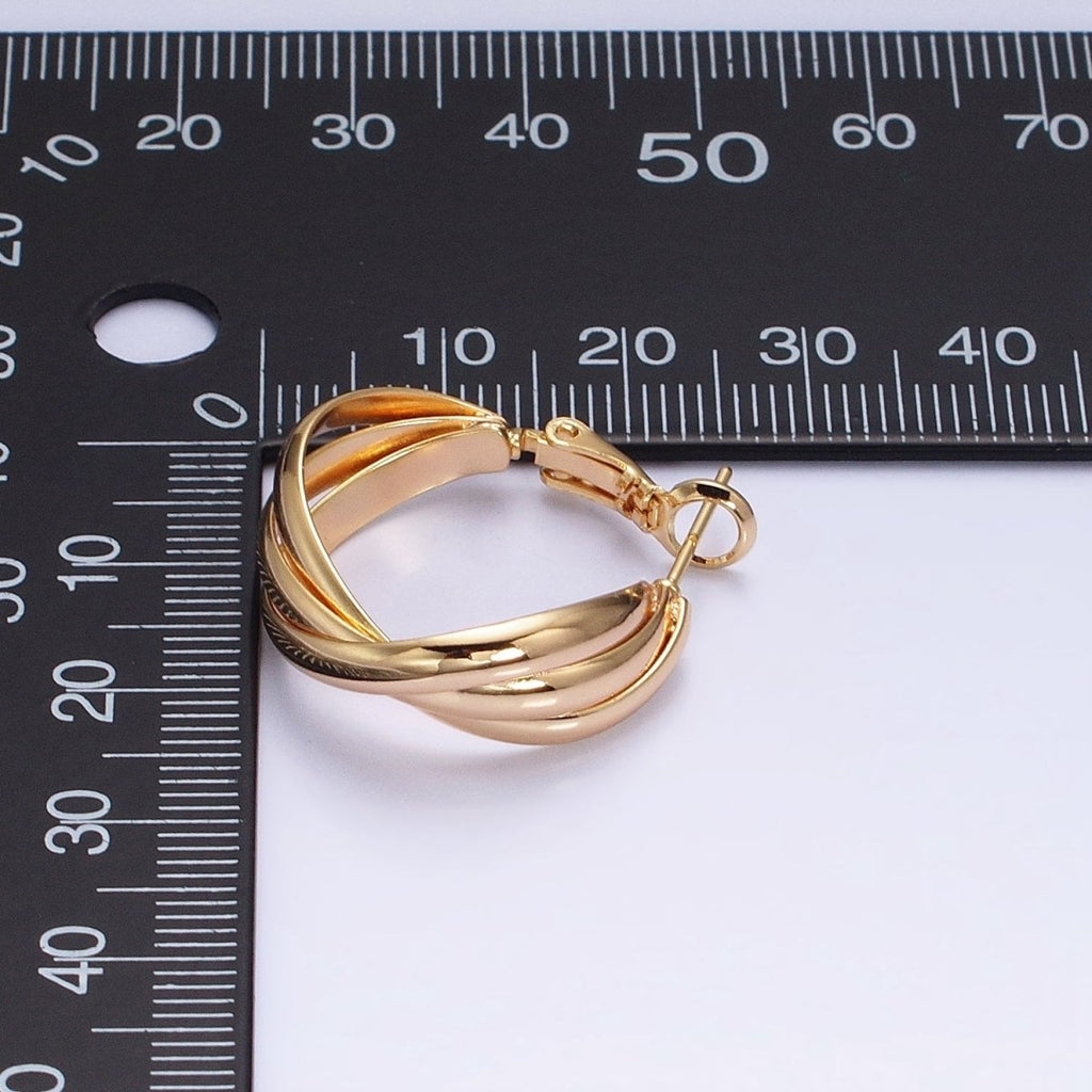 16K Gold plated 25mm Triple Flat Bar Band X Hinge Hoop Earrings in Gold & Silver | AD1291 AD1292 - DLUXCA