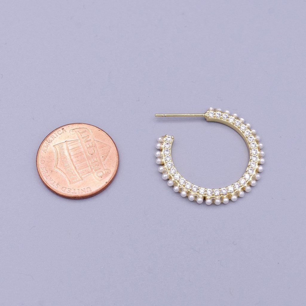 16K Gold plated 25mm White Pearl Clear CZ Lined C-Shaped Hoop Earrings Set | AD1308 - DLUXCA
