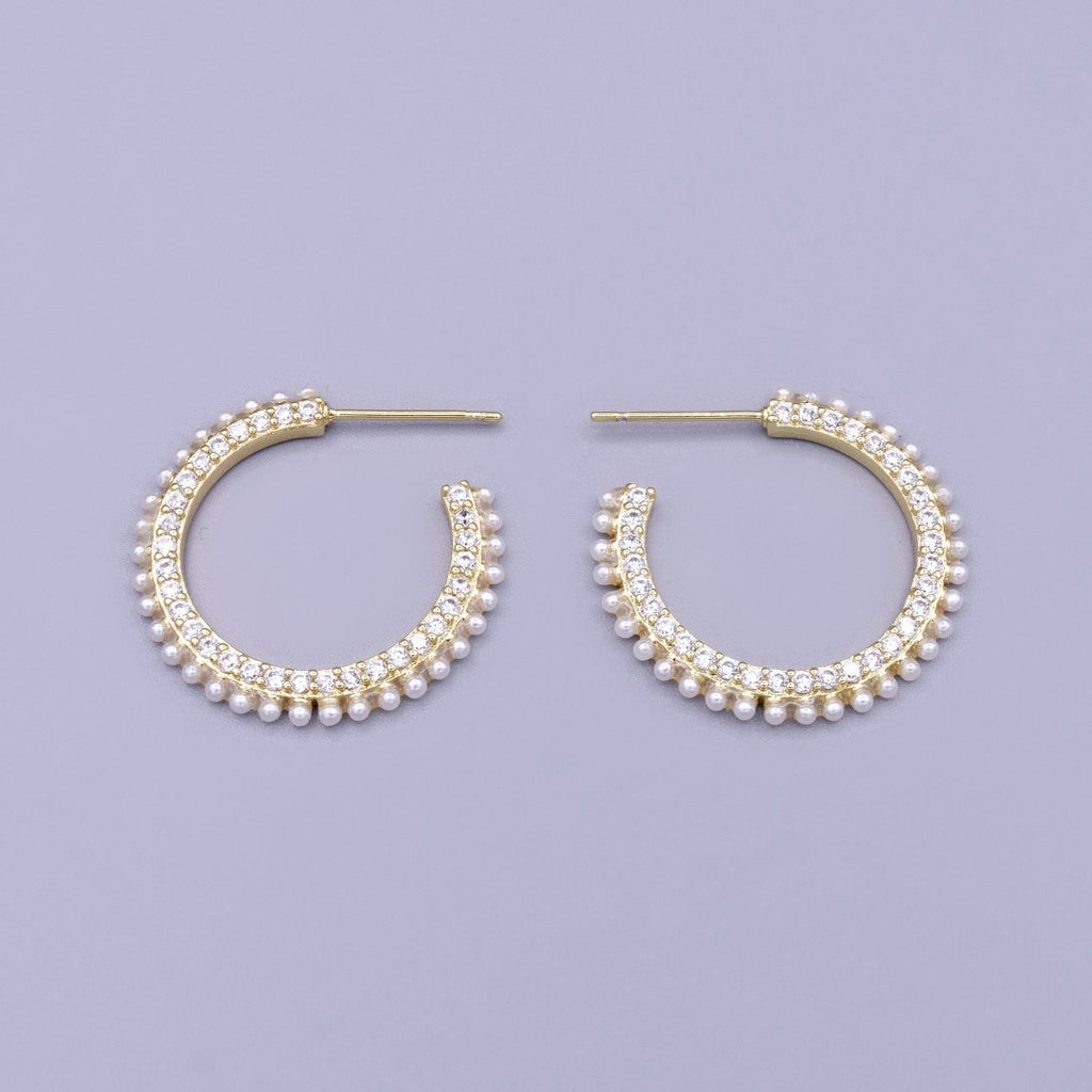 16K Gold plated 25mm White Pearl Clear CZ Lined C-Shaped Hoop Earrings Set | AD1308 - DLUXCA
