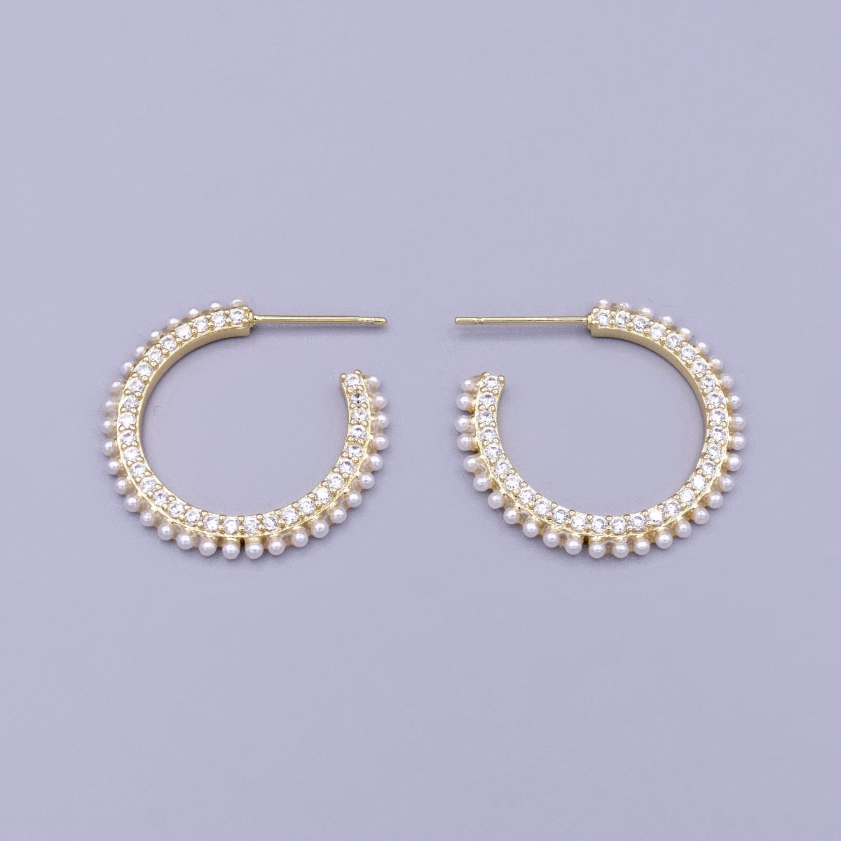 16K Gold plated 25mm White Pearl Clear CZ Lined C-Shaped Hoop Earrings Set | AD1308 - DLUXCA