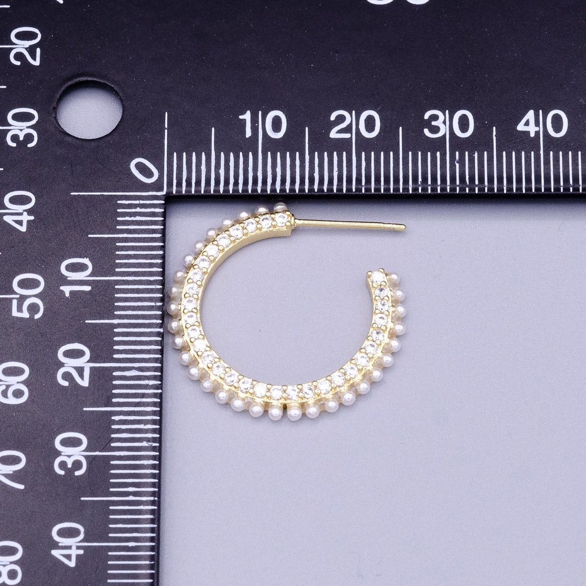 16K Gold plated 25mm White Pearl Clear CZ Lined C-Shaped Hoop Earrings Set | AD1308 - DLUXCA