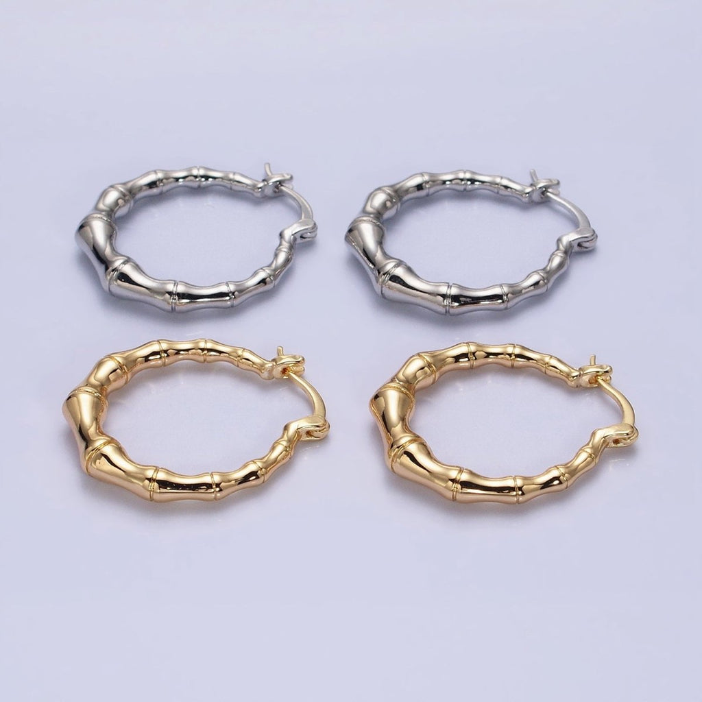 16K Gold plated 26mm Bamboo Hoop French Lock Latch Earrings in Gold & Silver | AB1482 AB1483