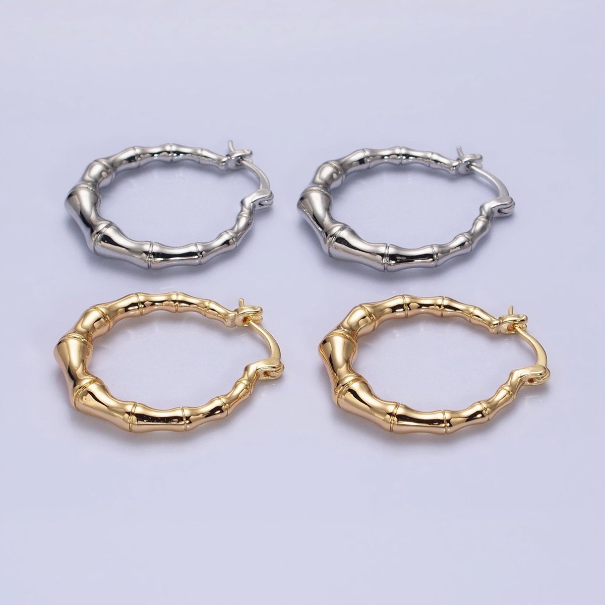 16K Gold plated 26mm Bamboo Hoop French Lock Latch Earrings in Gold & Silver | AB1482 AB1483