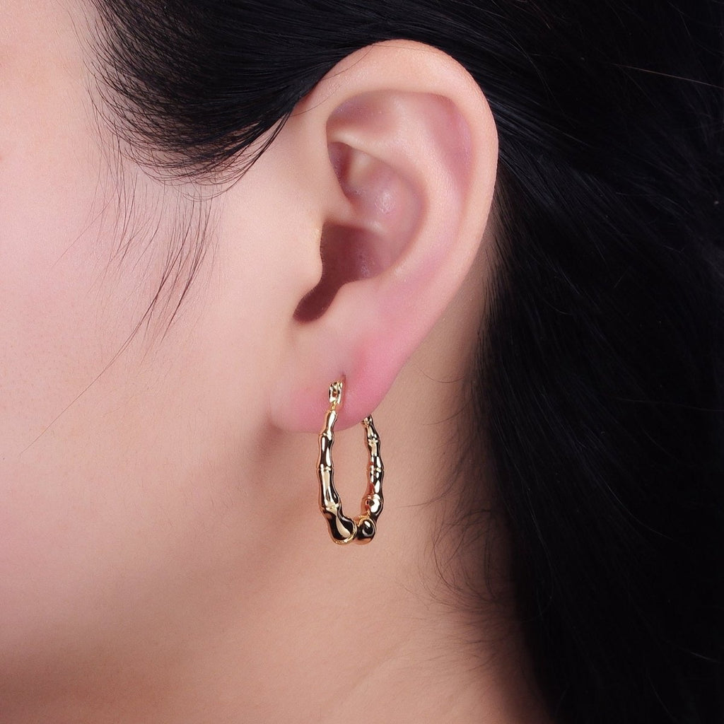 16K Gold plated 26mm Bamboo Hoop French Lock Latch Earrings in Gold & Silver | AB1482 AB1483