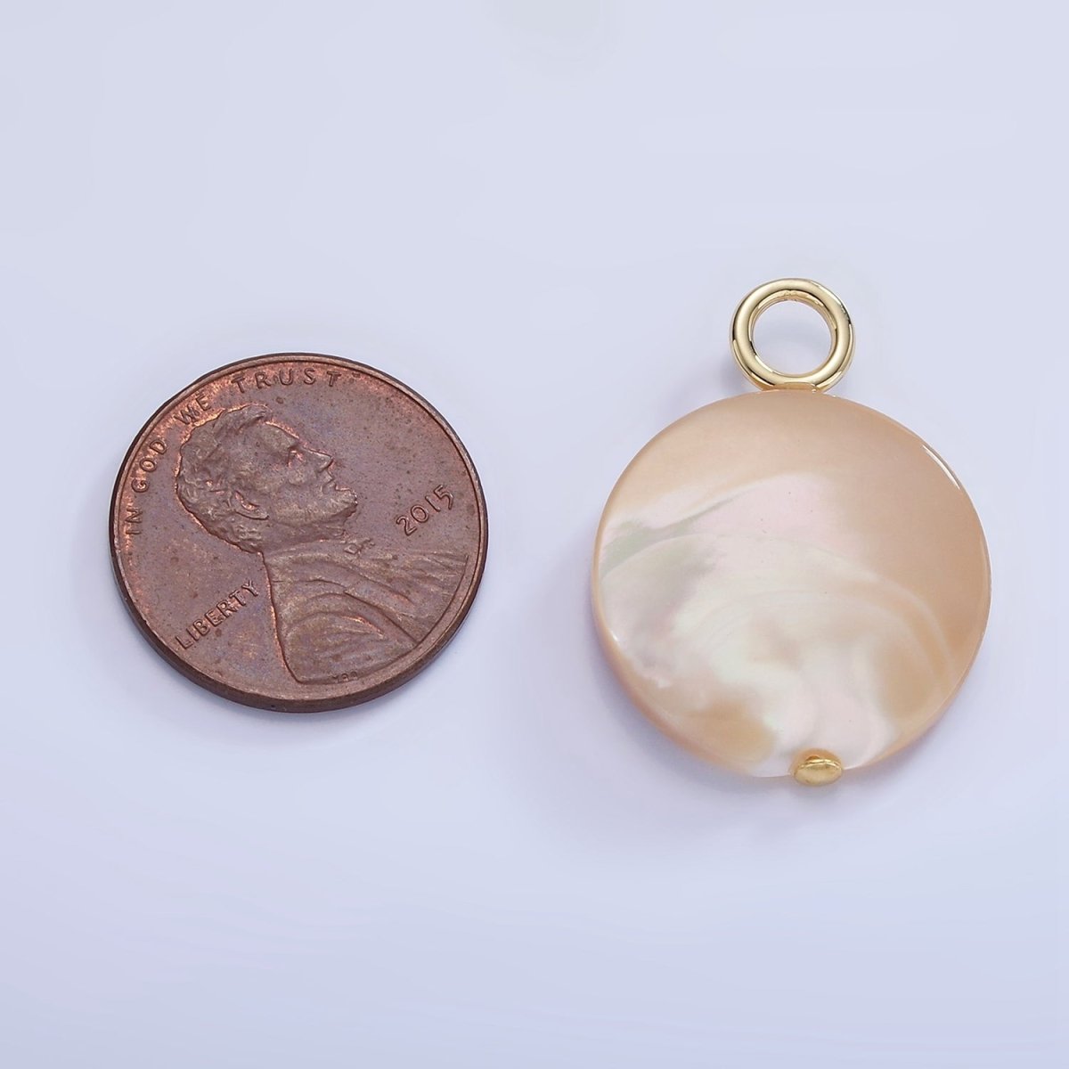 16K Gold plated 26mm White Peach Shell Pearl Flat Round Drop Pendant | P1750 - DLUXCA