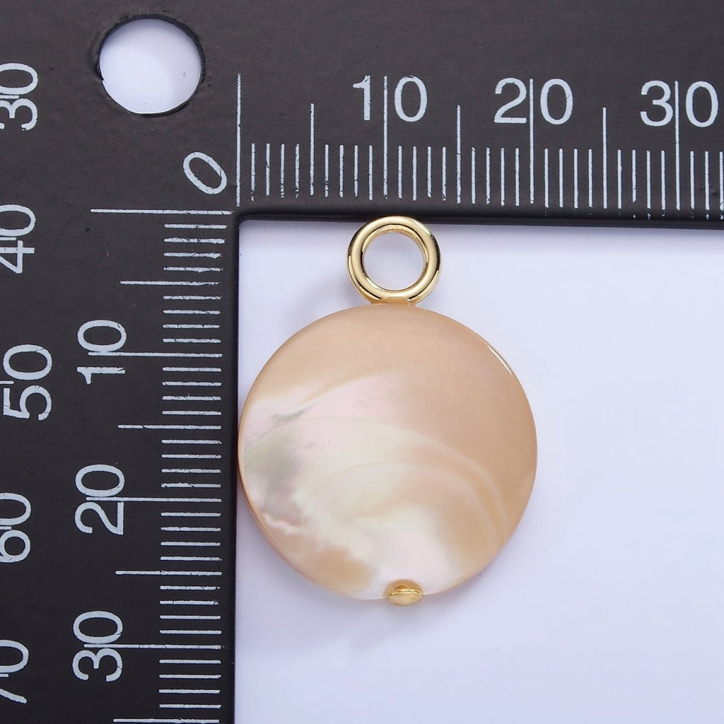 16K Gold plated 26mm White Peach Shell Pearl Flat Round Drop Pendant | P1750 - DLUXCA
