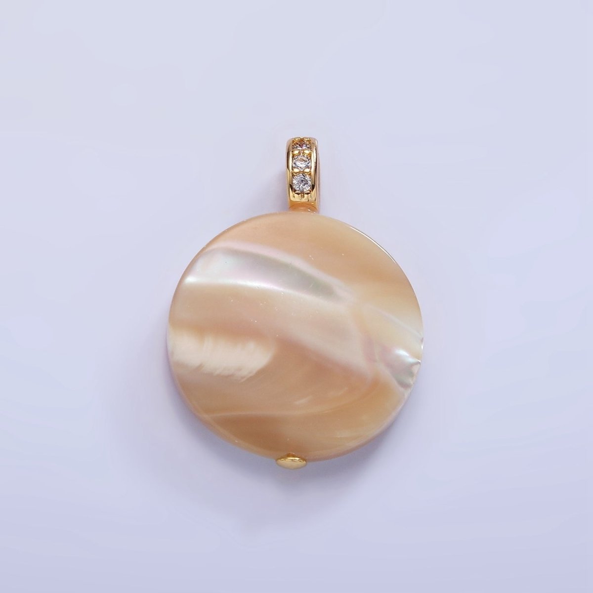 16K Gold plated 27mm Peach White Shell Pearl Flat Round Micro Paved CZ Pendant | P1747 - DLUXCA