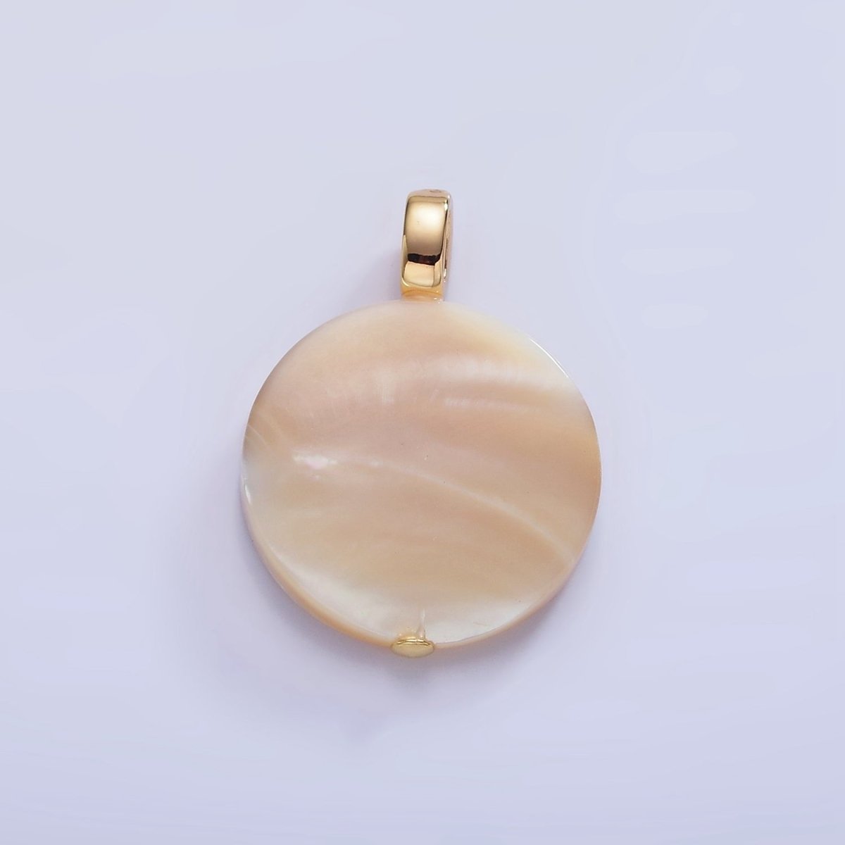 16K Gold plated 27mm Peach White Shell Pearl Flat Round Micro Paved CZ Pendant | P1747 - DLUXCA