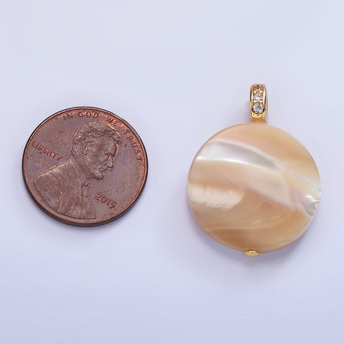 16K Gold plated 27mm Peach White Shell Pearl Flat Round Micro Paved CZ Pendant | P1747 - DLUXCA