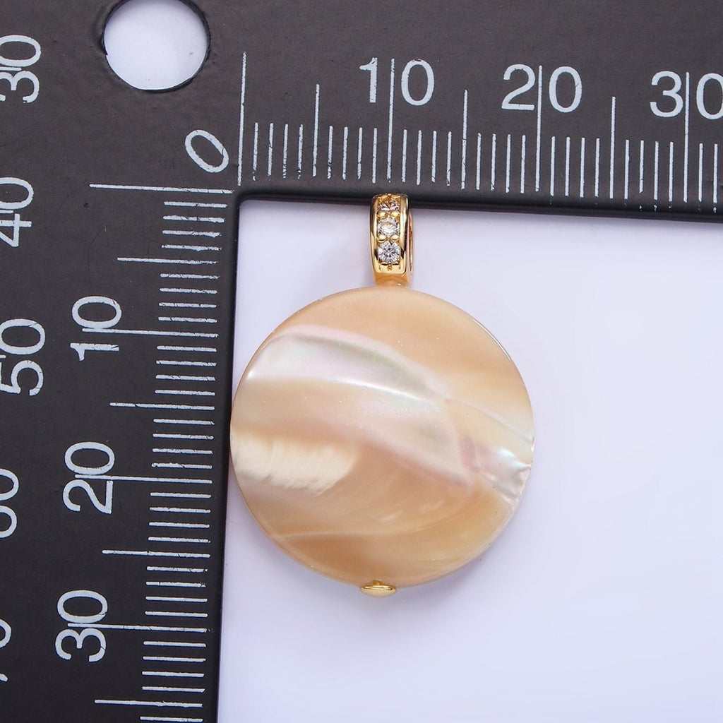 16K Gold plated 27mm Peach White Shell Pearl Flat Round Micro Paved CZ Pendant | P1747 - DLUXCA