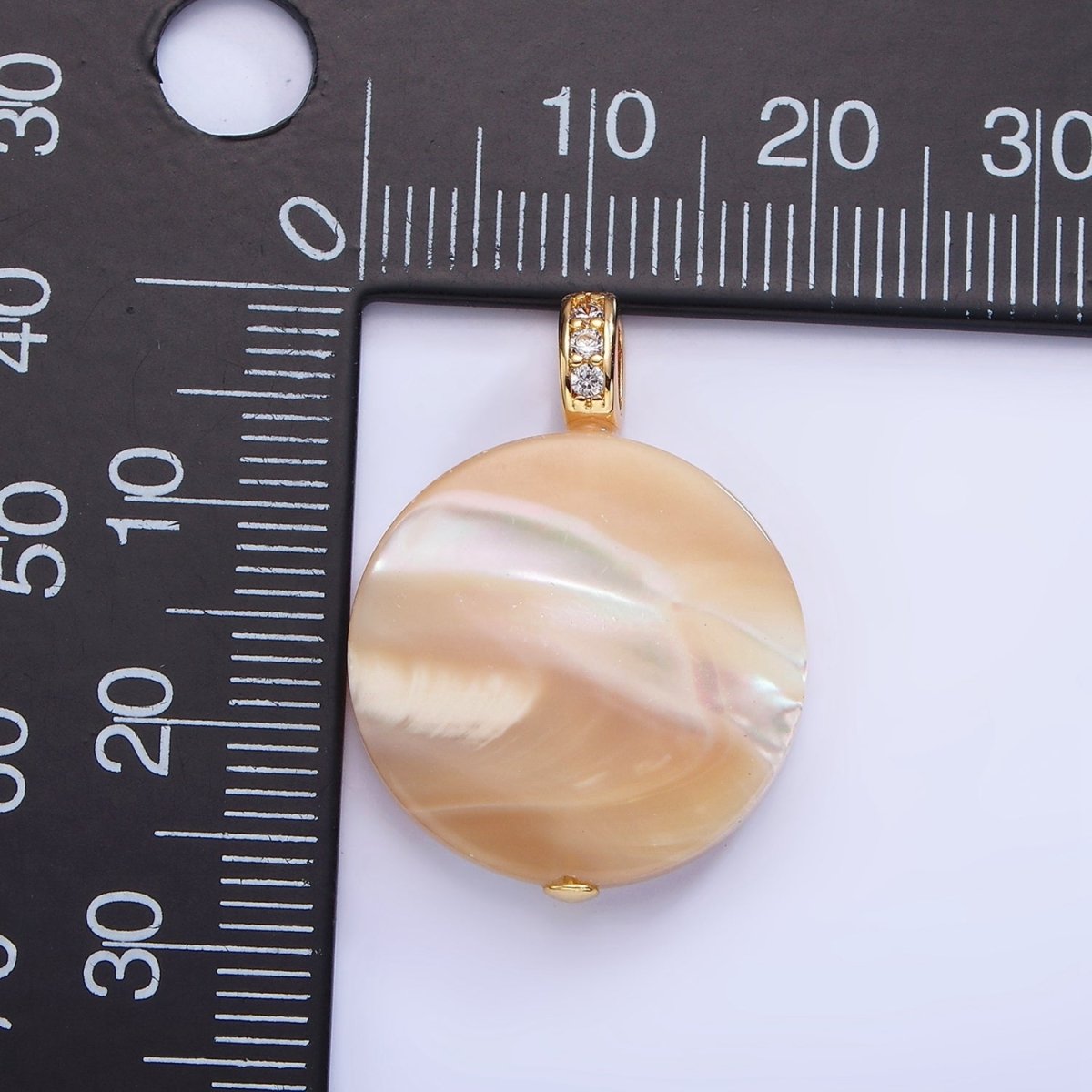 16K Gold plated 27mm Peach White Shell Pearl Flat Round Micro Paved CZ Pendant | P1747 - DLUXCA