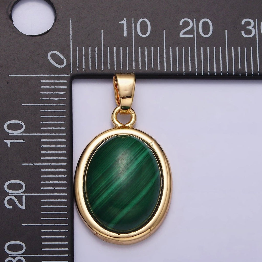 16K Gold plated 28.3mm Malachite Natural Gemstone Oval Cabochon Pendant | AA435 - DLUXCA