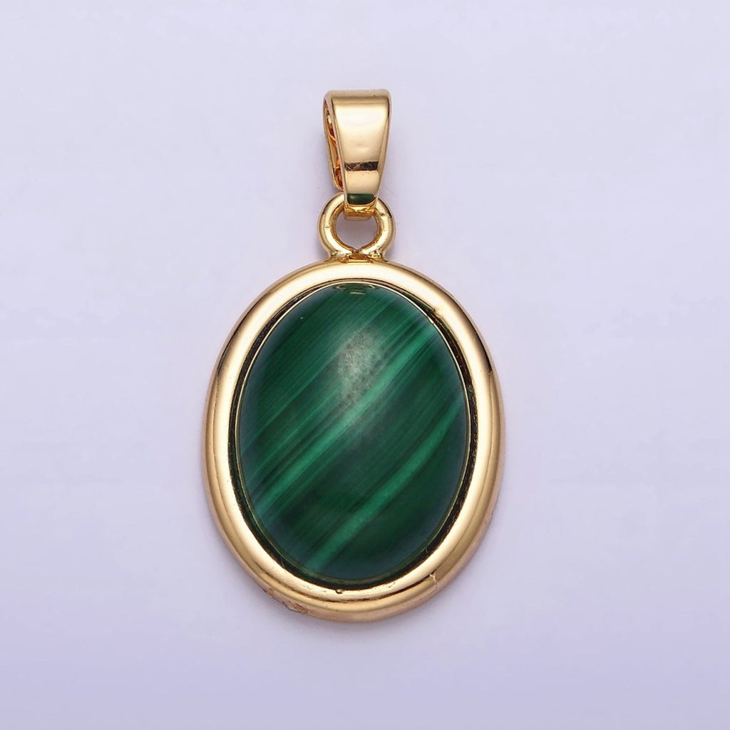 16K Gold plated 28.3mm Malachite Natural Gemstone Oval Cabochon Pendant | AA435 - DLUXCA
