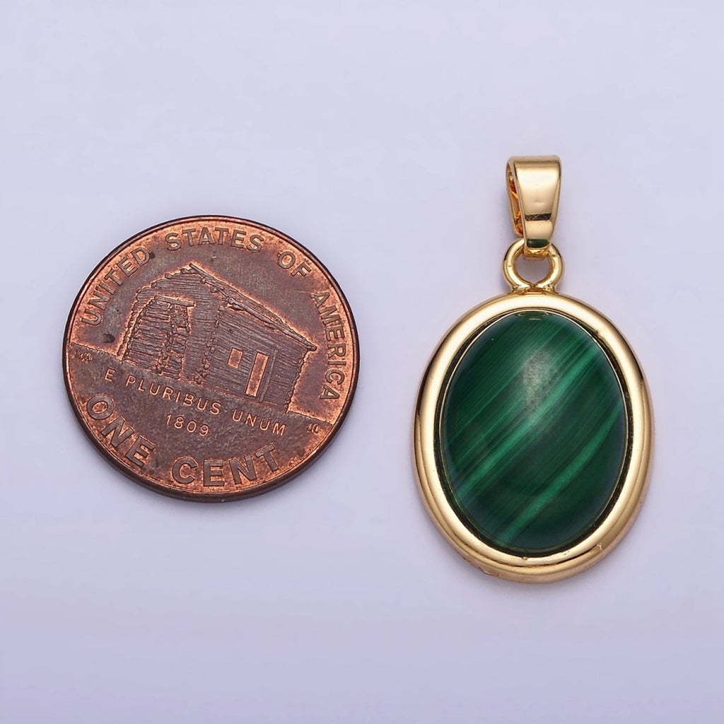 16K Gold plated 28.3mm Malachite Natural Gemstone Oval Cabochon Pendant | AA435 - DLUXCA