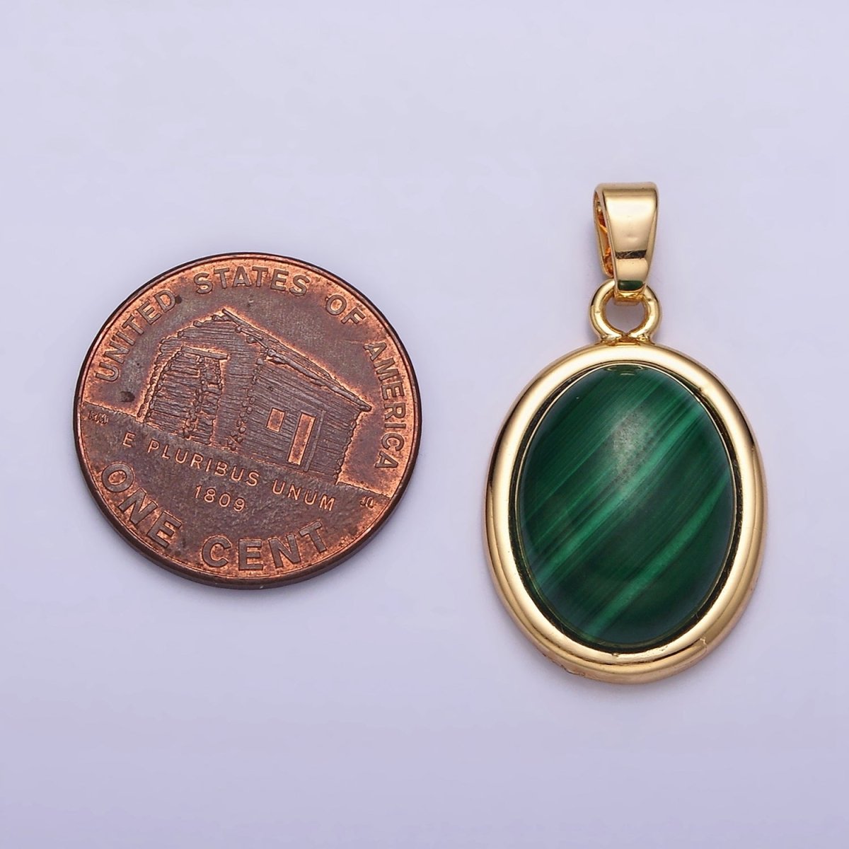 16K Gold plated 28.3mm Malachite Natural Gemstone Oval Cabochon Pendant | AA435 - DLUXCA