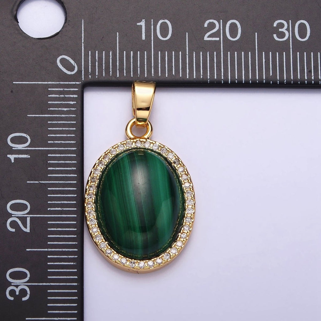16K Gold plated 28mm Malachite Natural Gemstone Oval Cabochon Micro Paved CZ Pendant | AA436 - DLUXCA