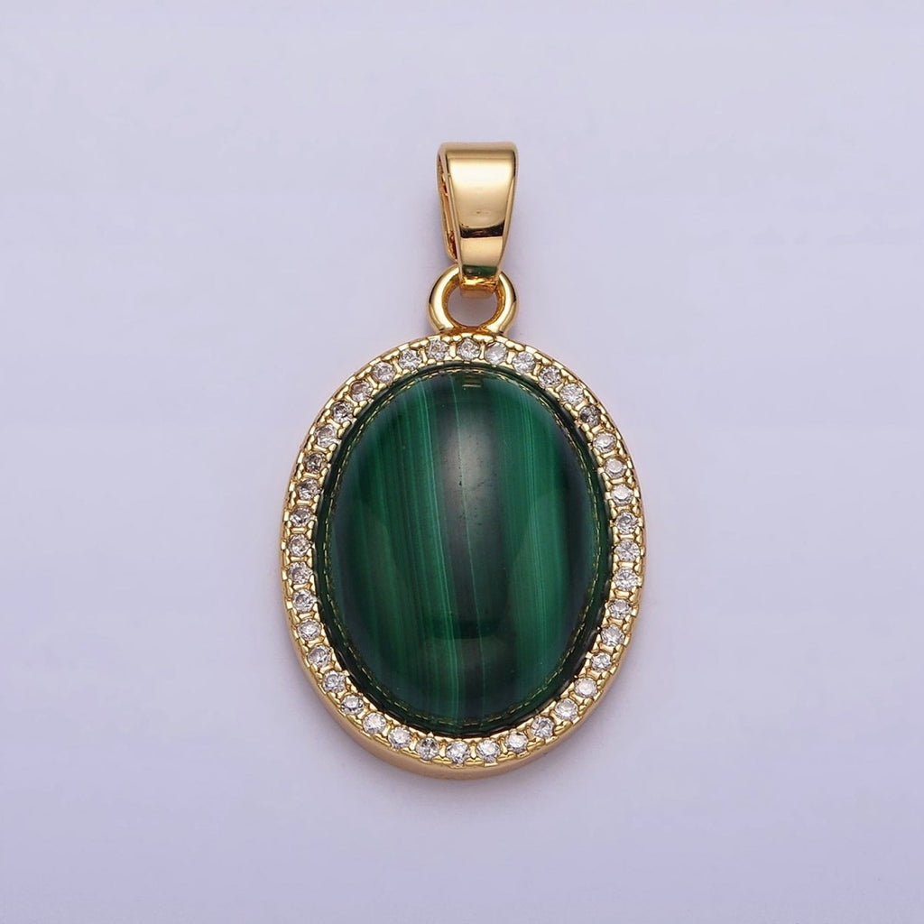 16K Gold plated 28mm Malachite Natural Gemstone Oval Cabochon Micro Paved CZ Pendant | AA436 - DLUXCA