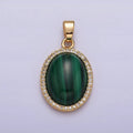 16K Gold plated 28mm Malachite Natural Gemstone Oval Cabochon Micro Paved CZ Pendant | AA436 - DLUXCA