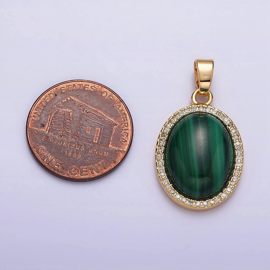 16K Gold plated 28mm Malachite Natural Gemstone Oval Cabochon Micro Paved CZ Pendant | AA436 - DLUXCA