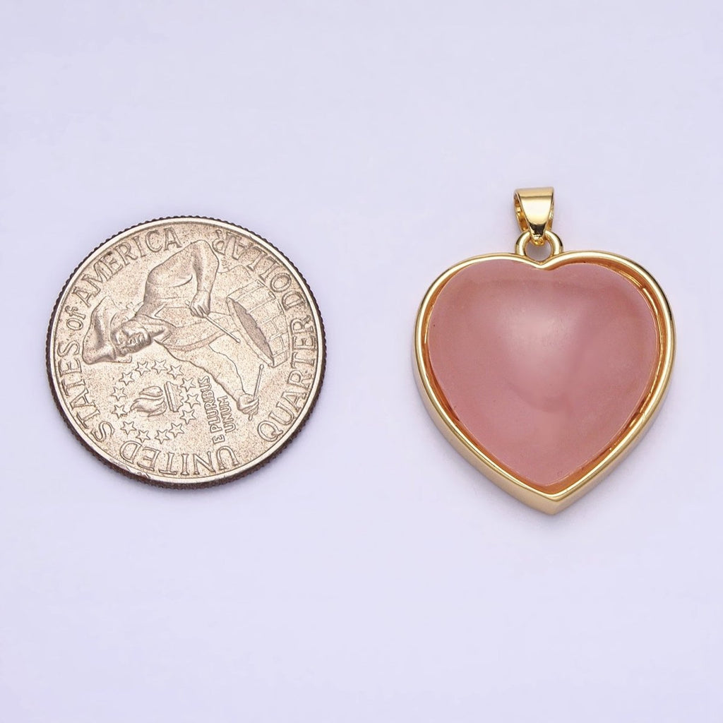 16K Gold plated 29mm Heart Rose Quartz Natural Gemstone Valentine Pendant | AA381 - DLUXCA