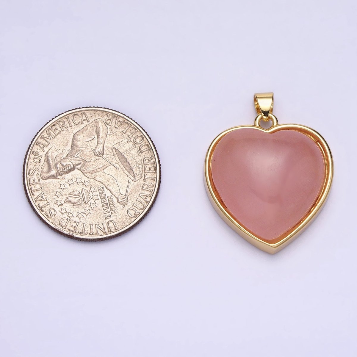 16K Gold plated 29mm Heart Rose Quartz Natural Gemstone Valentine Pendant | AA381 - DLUXCA