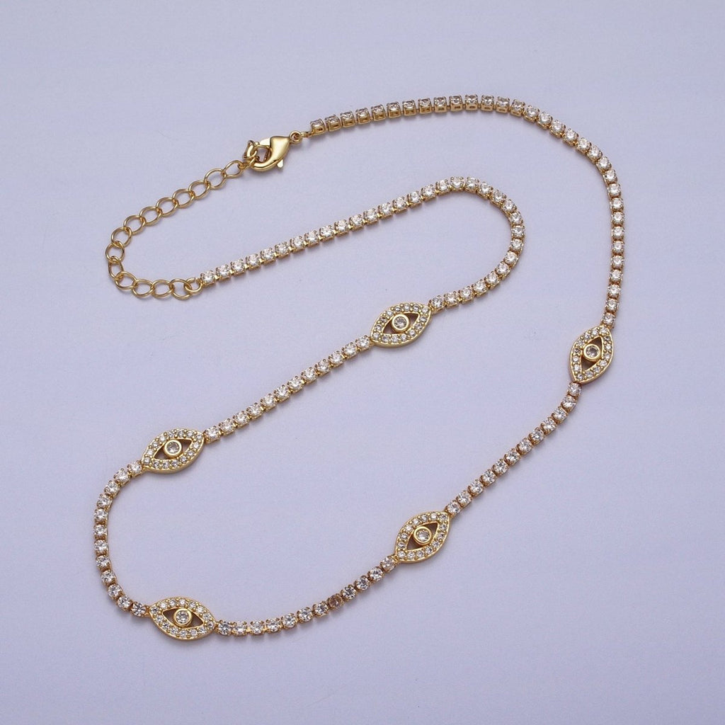 16K Gold plated 2mm Evil Eye Micro Paved 16 Inch Tennis Chain Necklace | WA-2504 - DLUXCA