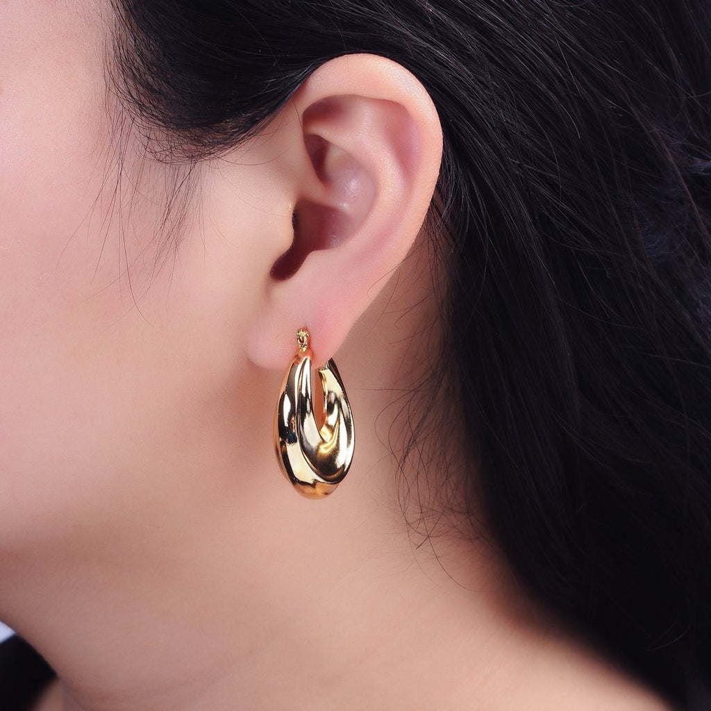 16K Gold plated 30mm Chubby Twirl French Lock Latch Hoop Earrings | AE084 - DLUXCA