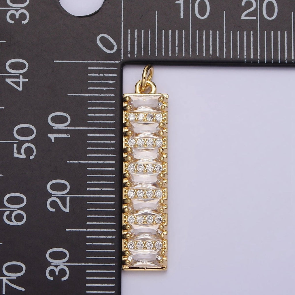 16K Gold plated 30mm Clear CZ Baguette Lined Micro Paved Band Tag Charm | AC1133 - DLUXCA