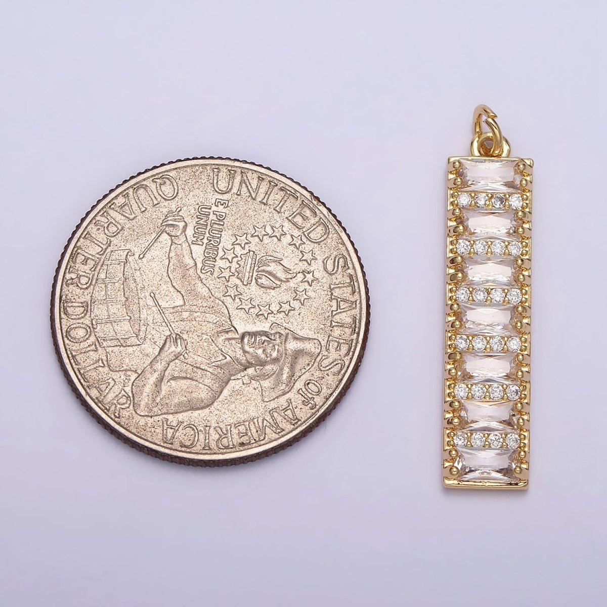 16K Gold plated 30mm Clear CZ Baguette Lined Micro Paved Band Tag Charm | AC1133 - DLUXCA